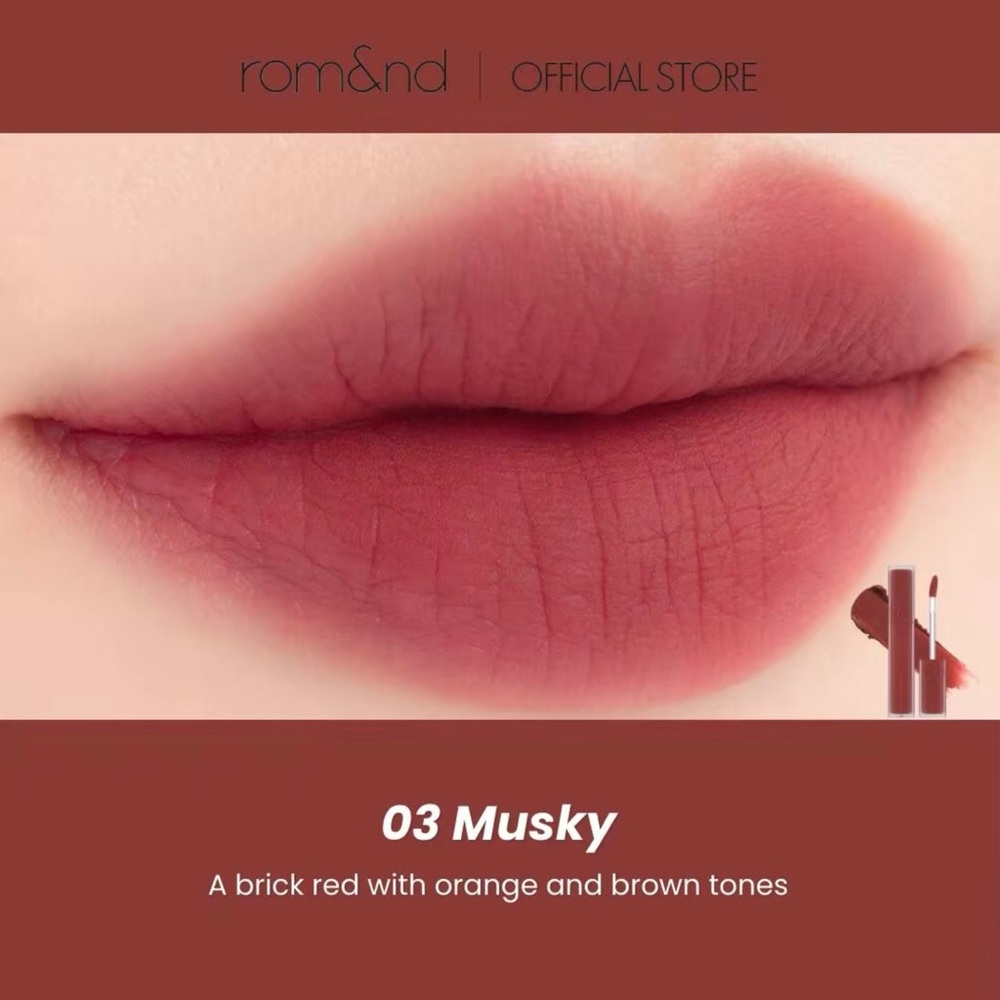 Rom&nd 03 Musky Blur Fudge Tint- warm tone brick red shade, matte, long wear